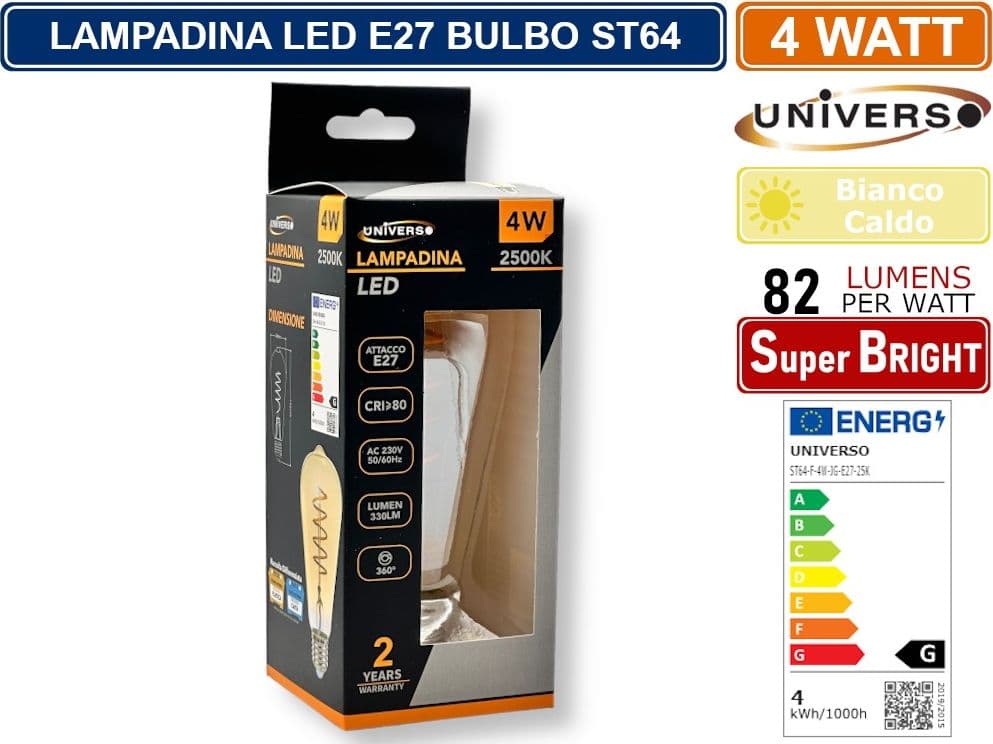 UNIVERSO ST64-S-OC LAMPADINA LED E27 4W BULB ST64 LED FILAMENT A SPIRALE VETRO AMBRATO BIANCO CALDO 2500K - 2