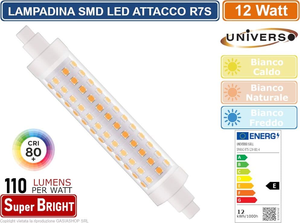 UNIVERSO SPARAC-R7S-12W-001 LAMPADINA LED R7S 12W TUBOLARE 118MM SMD 1320 LUMEN 3000K 4000K-6500K