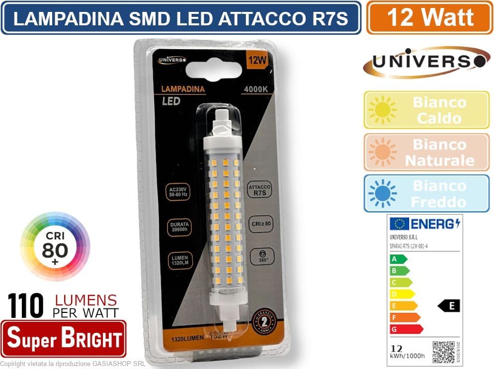 UNIVERSO SPARAC-R7S-12W-001 LAMPADINA LED R7S 12W TUBOLARE 118MM SMD 1320 LUMEN 3000K 4000K-6500K - 2
