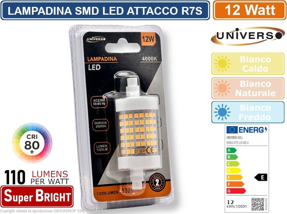 UNIVERSO SPARAC-R7S-12W-002 LAMPADINA LED R7S 12W TUBOLARE 78MM SMD 1320 LUMEN 3000K 4000K-6500K - 2