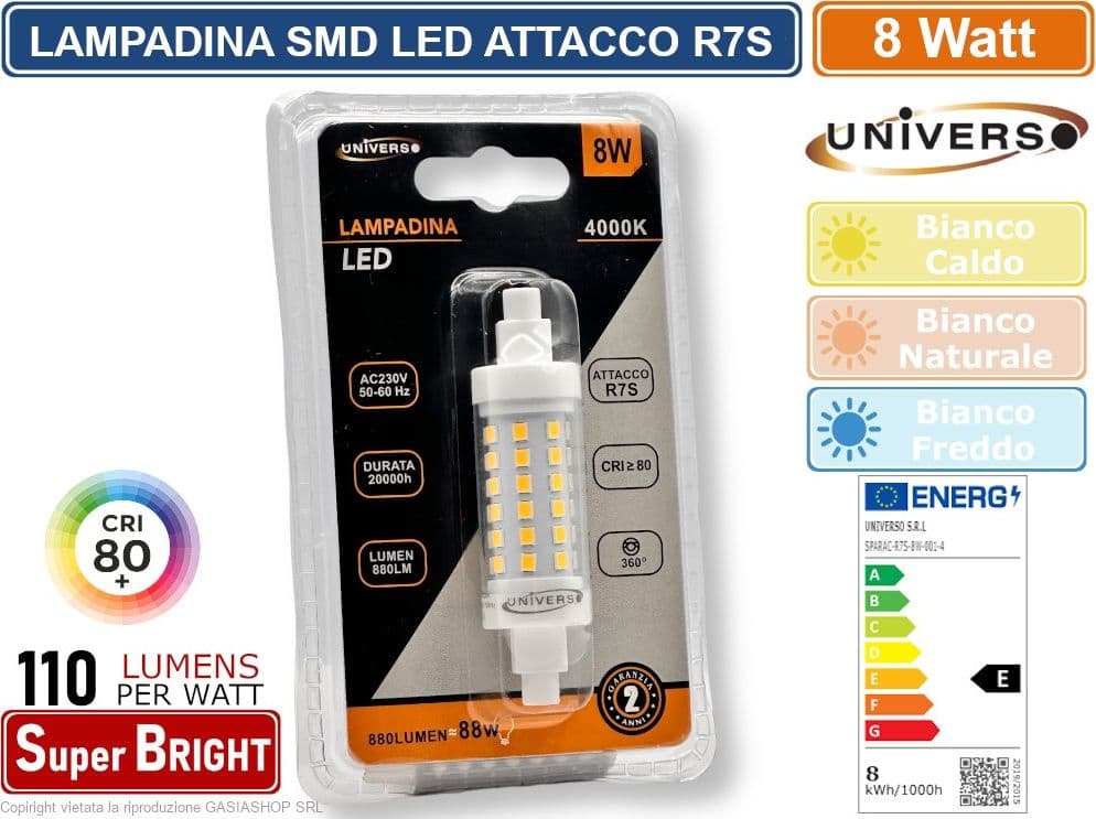 UNIVERSO SPARAC-R7S-8W-001 LAMPADINA LED R7S 8W TUBOLARE 78MM SMD 880 LUMEN 3000K 4000K-6500K - 2