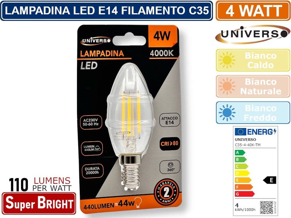CONFEZIONE 5 PEZZI UNIVERSO C35-T LAMPADINA LED E14 4W CANDELA C35 FILAMENT VETRO TRASPARENTE 3000K 4000K 6500K - 2