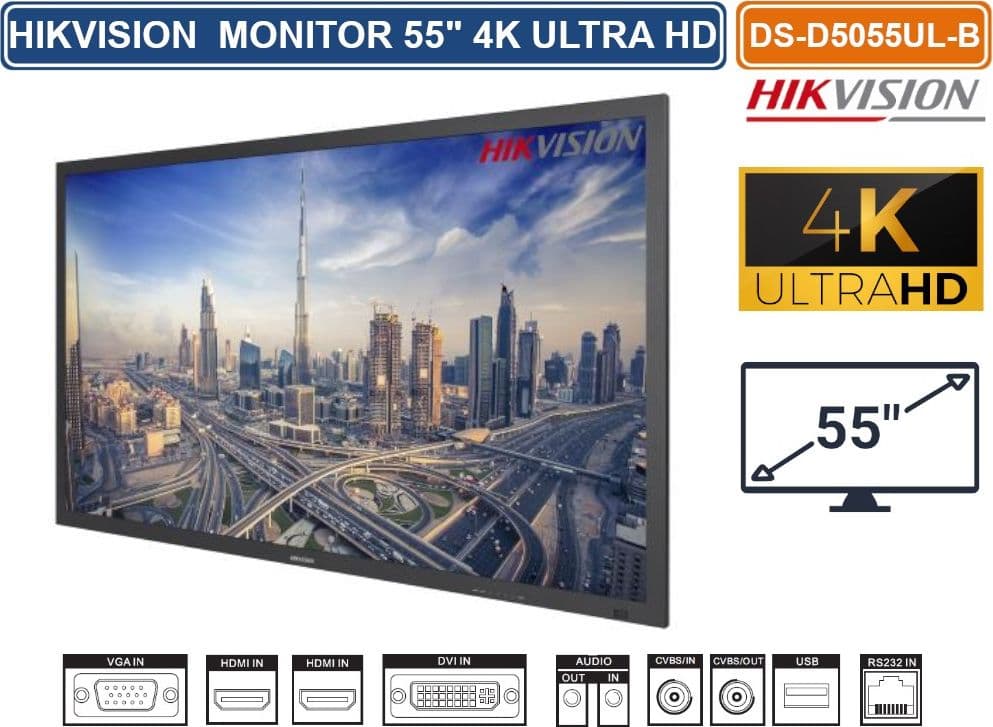HIKVISION DS-D5055UL-B MONITOR PER VIDEOSORVEGLIANZA D-LED 55" STEREO SPEAKERS RISOLUZIONE 4K LVDS ULTRA HD - 2
