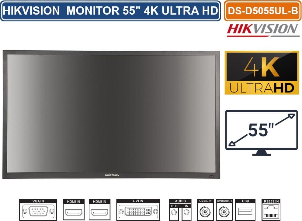 HIKVISION DS-D5055UL-B MONITOR PER VIDEOSORVEGLIANZA D-LED 55" STEREO SPEAKERS RISOLUZIONE 4K LVDS ULTRA HD - 4