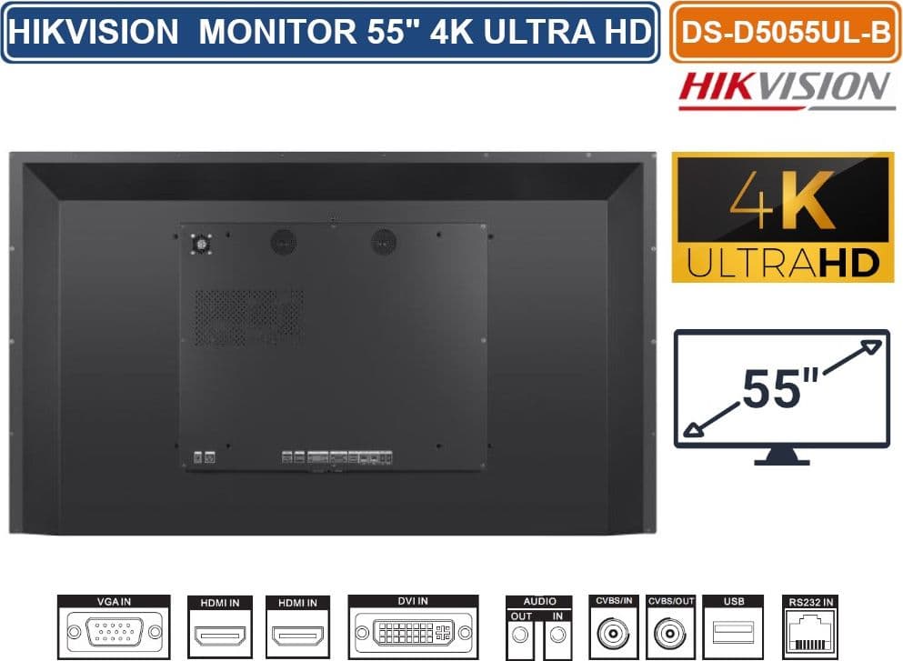 HIKVISION DS-D5055UL-B MONITOR PER VIDEOSORVEGLIANZA D-LED 55" STEREO SPEAKERS RISOLUZIONE 4K LVDS ULTRA HD - 5