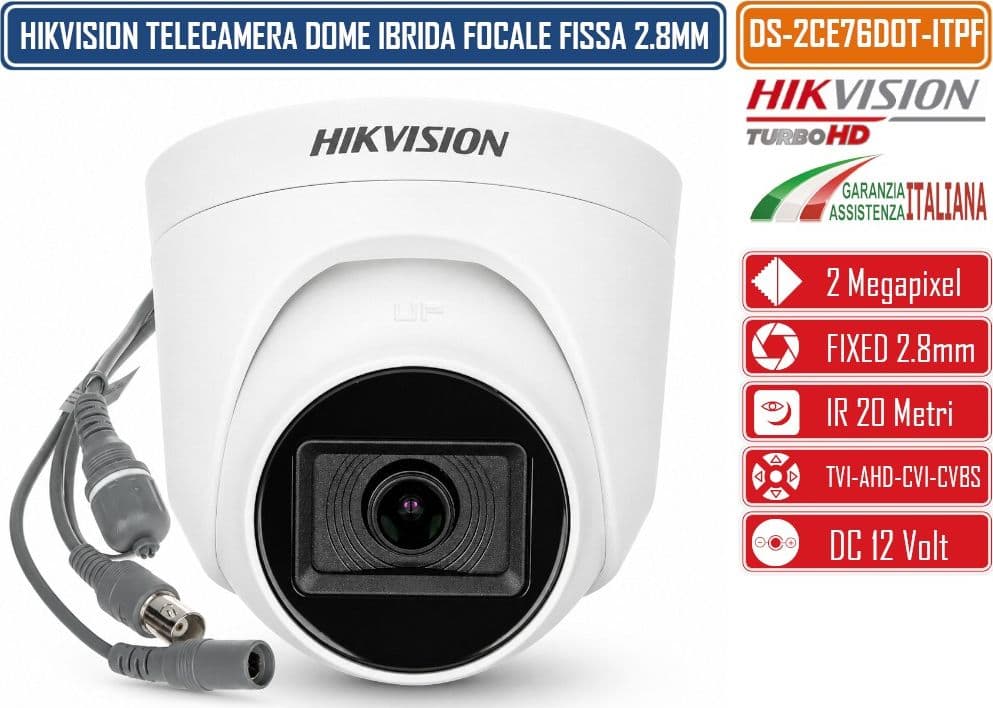 HIKVISION DS-2CE76D0T-ITPF TELECAMERA DOME TURRET IBRIDA 4IN1 TVI/AHD/CVI/CVBS 2MP FULL HD 1080P OTTICA 2.8MM IR 20M OSD 12VDC - 2