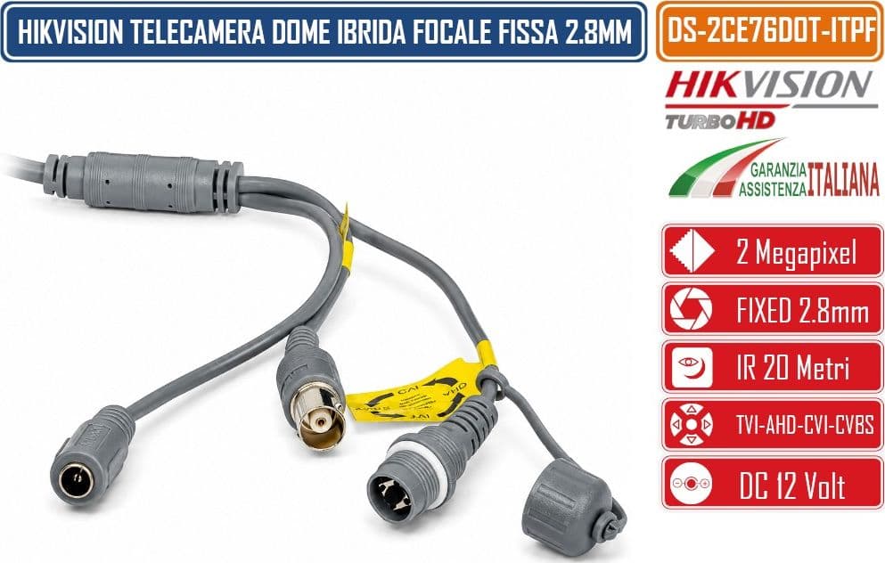 HIKVISION DS-2CE76D0T-ITPF TELECAMERA DOME TURRET IBRIDA 4IN1 TVI/AHD/CVI/CVBS 2MP FULL HD 1080P OTTICA 2.8MM IR 20M OSD 12VDC - 5