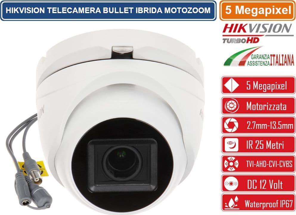 HIKVISION DS-2CE79H0T-IT3ZF TELECAMERA DOME IBRIDA 4IN1 TVI/AHD/CVI/CVBS 5 MEGAPIXEL OTTICA VARIFOCALE MOTORIZZATA 2.7-13MM OSD IP67 - 2