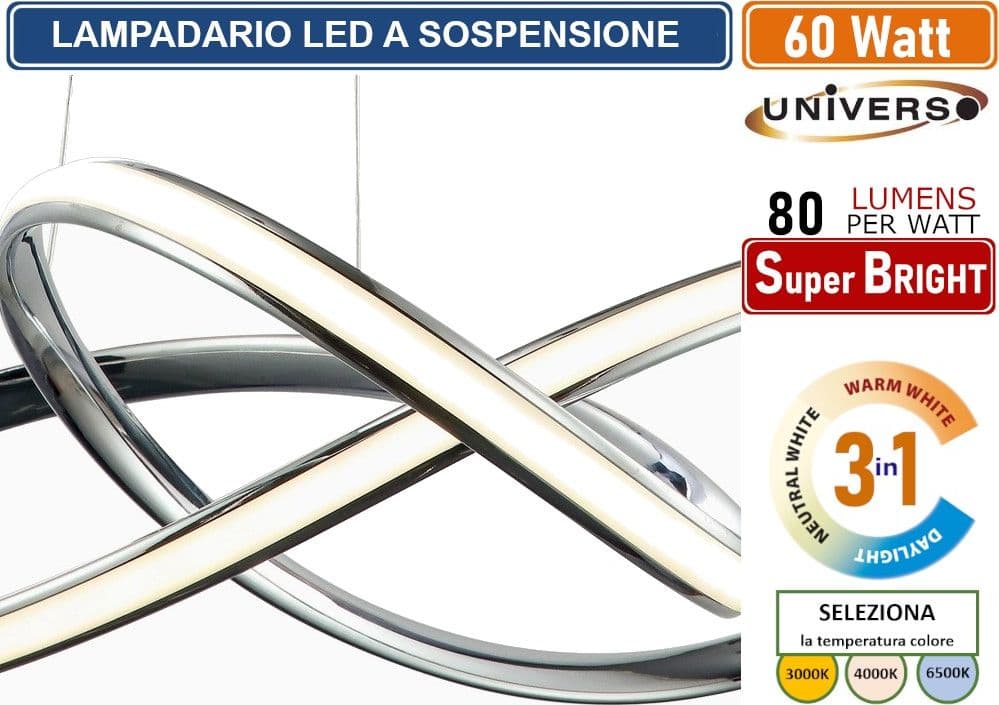 LAMPADARIO SMD LEDA SOSPENSIONE DESIGN INTRECCIATO CON FINITURA CROMATA 60W CCT 3 IN 1 TEMPERATURA LUCE SELEZIONABILE 3000K - 4000K - 6500K - 2