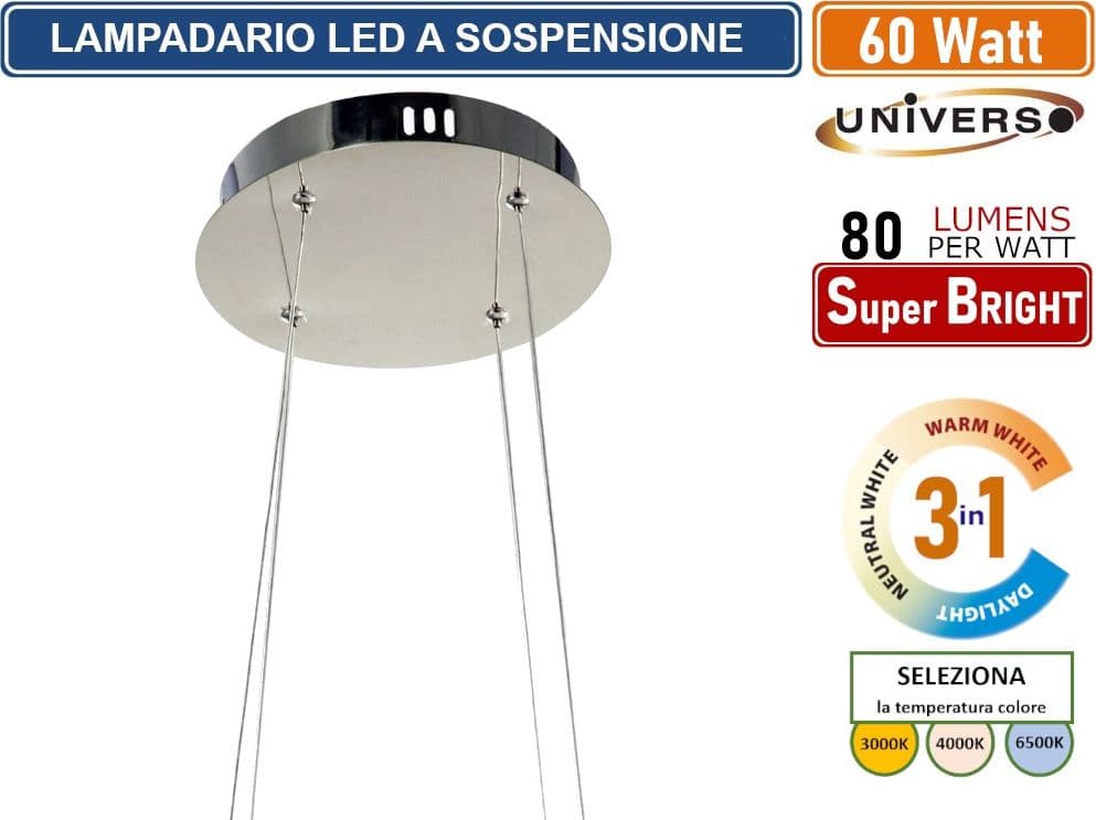 LAMPADARIO SMD LEDA SOSPENSIONE DESIGN INTRECCIATO CON FINITURA CROMATA 60W CCT 3 IN 1 TEMPERATURA LUCE SELEZIONABILE 3000K - 4000K - 6500K - 3