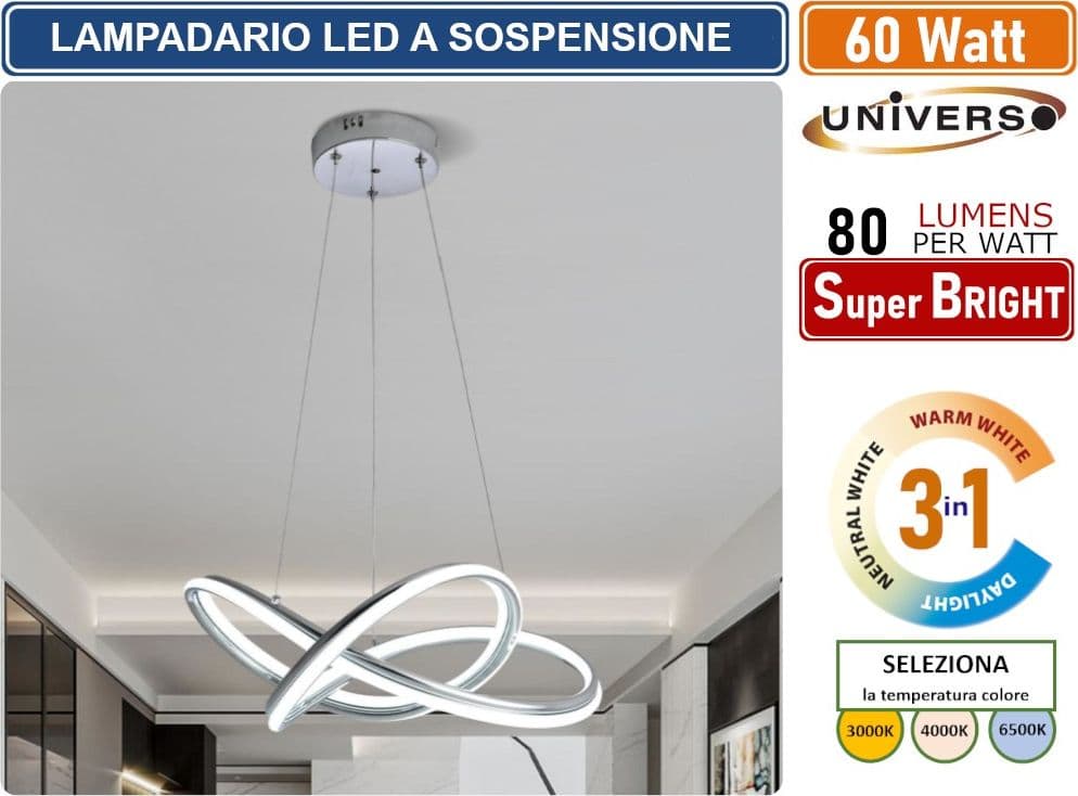 LAMPADARIO SMD LEDA SOSPENSIONE DESIGN INTRECCIATO CON FINITURA CROMATA 60W CCT 3 IN 1 TEMPERATURA LUCE SELEZIONABILE 3000K - 4000K - 6500K - 4