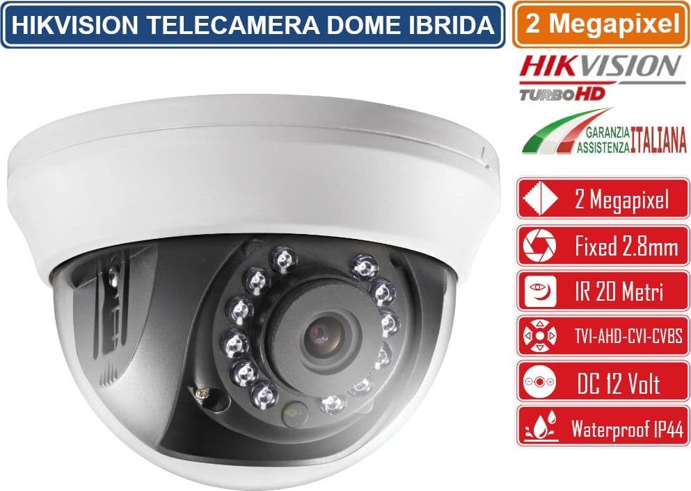 HIKVISION DS-2CE56D0T-IRMMF TELECAMERA DOME 4IN1 TVI/AHD/CVI/CVBS HD 2 MEGAPIXEL FULL HD 1080P 2.8MM OSD IP44