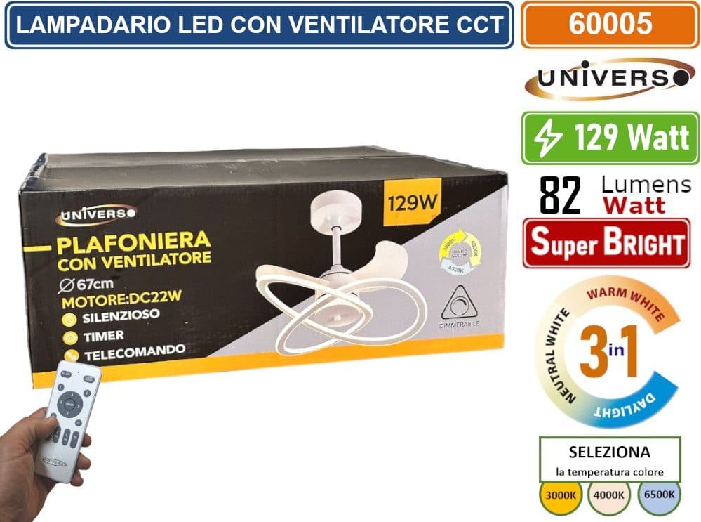 UNIVERSO VENTILATORE DA SOFFITTO 129W CON LAMPADA LED 3IN1 CCT COLORE LUCE SELEZIONABILE 3000K 4000K 6500K DIMMERABILE - TELECOMANDO - 2