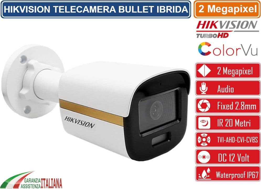 HIKVISION DS-2CE10DF3T-FS TELECAMERA BULLET COLOR VU IBRIDA 4IN1 TVI/AHD/CVI/CVBS 2 MEGAPIXEL 2.8MM OSD IP67 CON AUDIO - 2