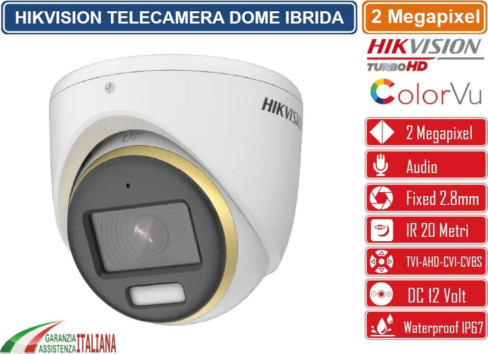 HIKVISION DS-2CE70DF3T-MFS TELECAMERA DOME COLOR VU IBRIDA 4IN1 TVI/AHD/CVI/CVBS 2 MEGAPIXEL 2.8MM OSD IP67 CON AUDIO - 2