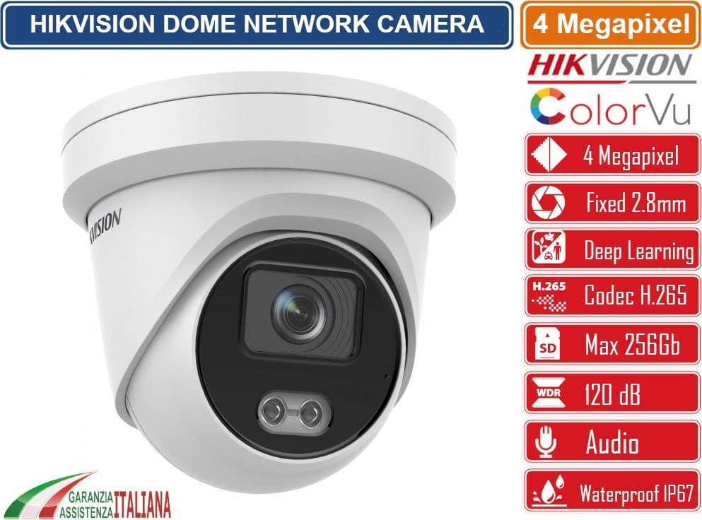 HIKVISION DS-2CD2347G2-L TELECAMERA DOME NETWORK 4MP 2.8MM COLORVU HIKVISION ACUSENSE WHITE LED DEEP LEARNING SLOT SD AUDIO IP67