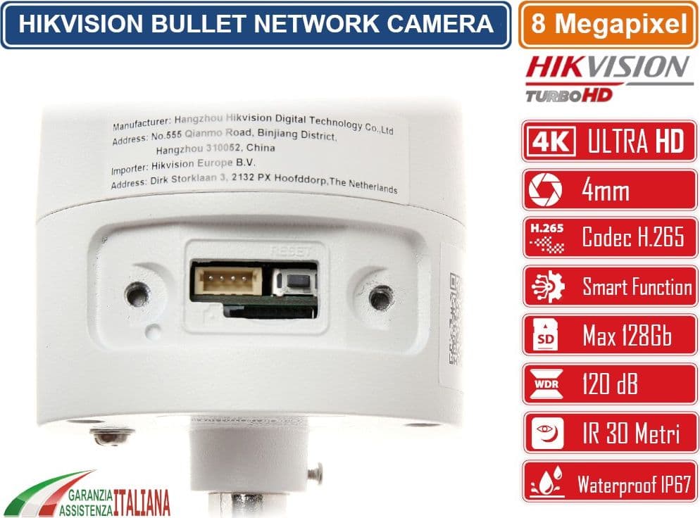 HIKVISION TELECAMERA BULLET NETWORK 8MP ULTRA HD 4K 4MM SLOT SD SMART FUNCTION IP67 - 4