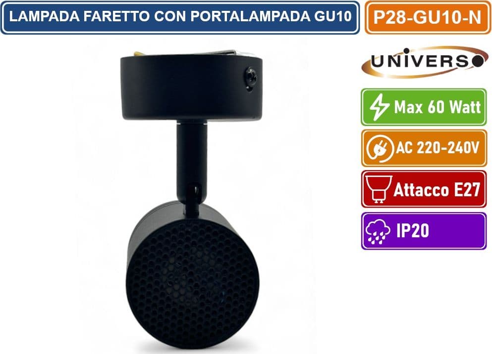 UNIVERSO P28-GU10-N PORTAFARETTO ROTONDO PER FARETTO LED SPOTLIGHT GU10 CON TESTINA ORIENTABILE NERO - 3