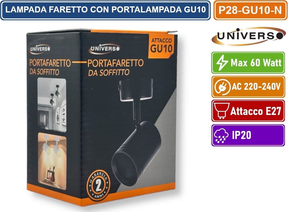 UNIVERSO P28-GU10-N PORTAFARETTO ROTONDO PER FARETTO LED SPOTLIGHT GU10 CON TESTINA ORIENTABILE NERO - 4