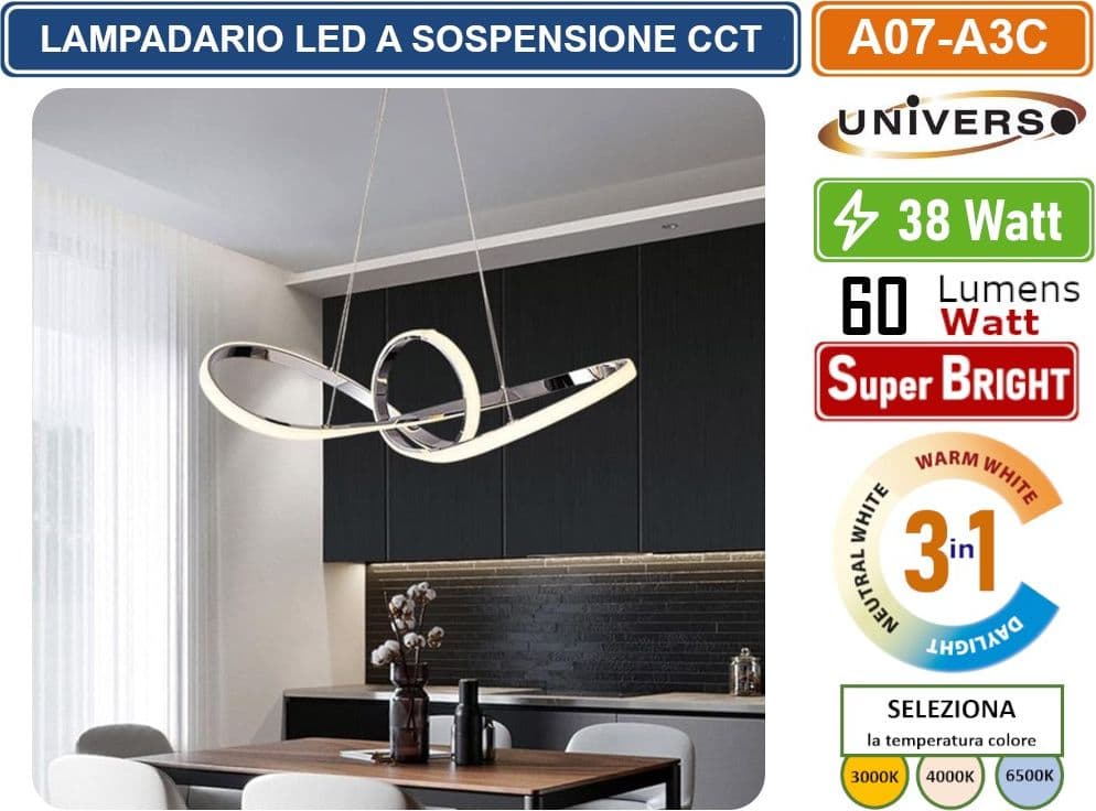 UNIVERSO A07-A3C LAMPADARIO LED A SOSPENSIONE INTRECCIATO 38W SMD COLORE ACCIAIO CCT COLORE LUCE SELEZIONABILE 3000K 4000K 6500K - 2