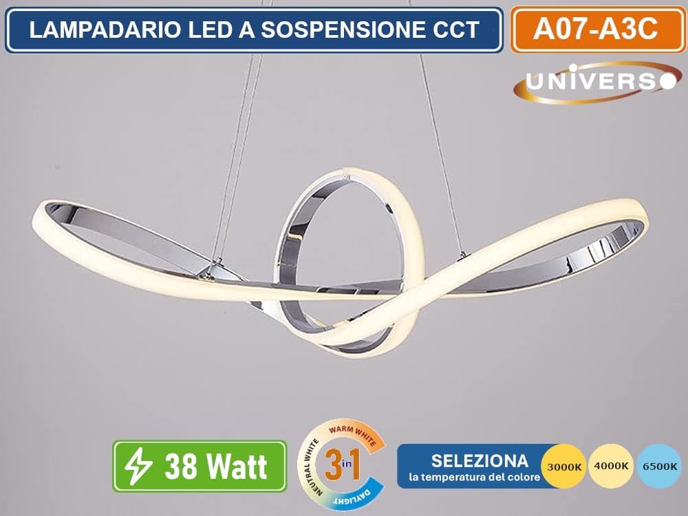 UNIVERSO A07-A3C LAMPADARIO LED A SOSPENSIONE INTRECCIATO 38W SMD COLORE ACCIAIO CCT COLORE LUCE SELEZIONABILE 3000K 4000K 6500K - 3