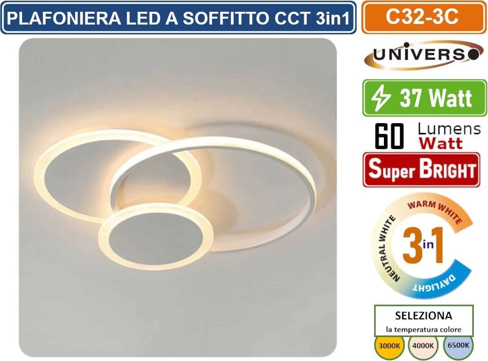 UNIVERSO C32-3C PLAFONIERA LED SMD DESIGN CIRCOLARE 37W COLORE BIANCO CCT 3 IN 1 TEMPERATURA LUCE SELEZIONABILE - 2