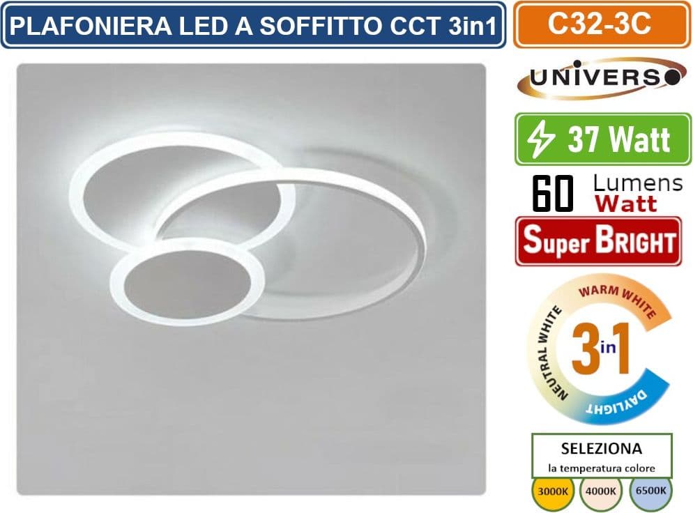 UNIVERSO C32-3C PLAFONIERA LED SMD DESIGN CIRCOLARE 37W COLORE BIANCO CCT 3 IN 1 TEMPERATURA LUCE SELEZIONABILE - 3