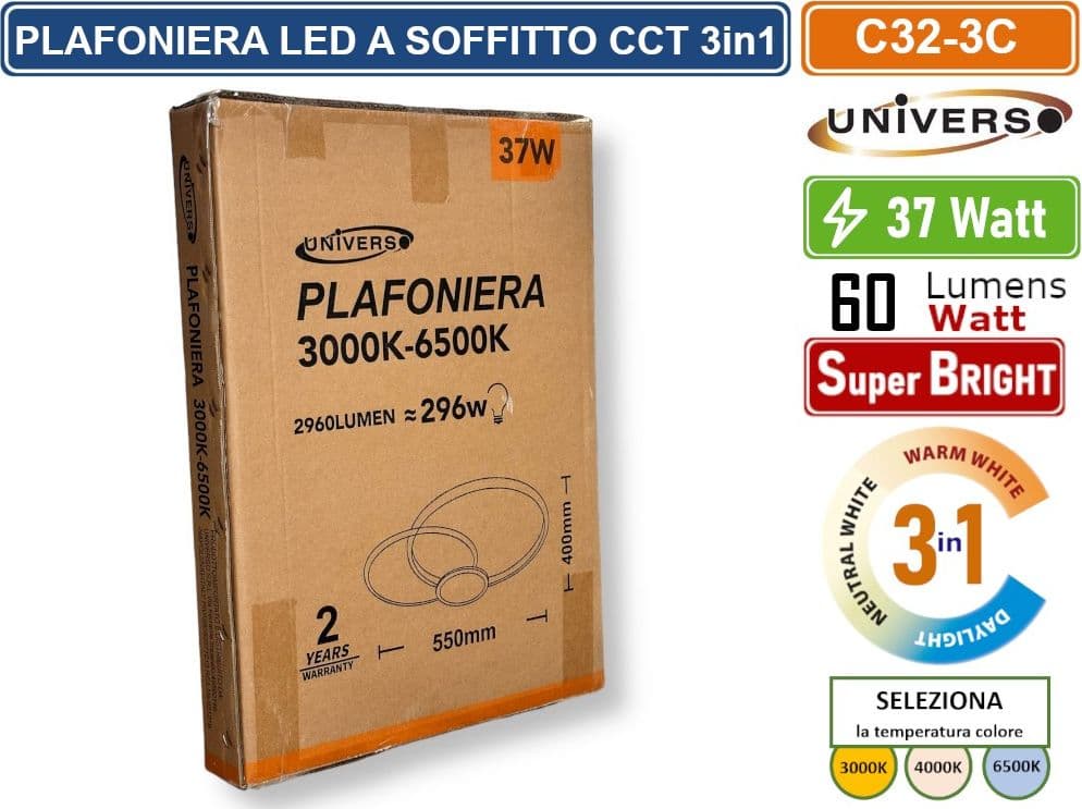 UNIVERSO C32-3C PLAFONIERA LED SMD DESIGN CIRCOLARE 37W COLORE BIANCO CCT 3 IN 1 TEMPERATURA LUCE SELEZIONABILE - 4