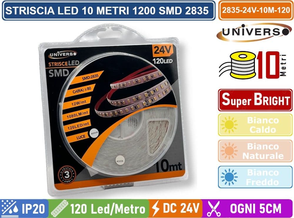 UNIVERSO 2835-24V-10M-120 STRIP STRISCIA LED MONOCOLORE 10 METRI DC24V SMD 2835 120 LED METRO DIVISIBILE OGNI 5CM  IP20 - 3
