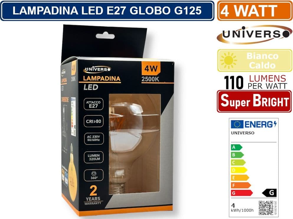 UNIVERSO G125-HOME LAMPADINA E27 FILAMENTO LED SCRITTA HOME 4W GLOBO G125 VETRO AMBRATO 2500K - 2