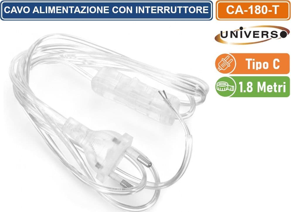CAVO DI ALIMENTAZIONE BIPOLARE 1.8 METRI CON INTERRUTTORE E SPINA EUROPEA TIPO C COLORE TRASPARENTE