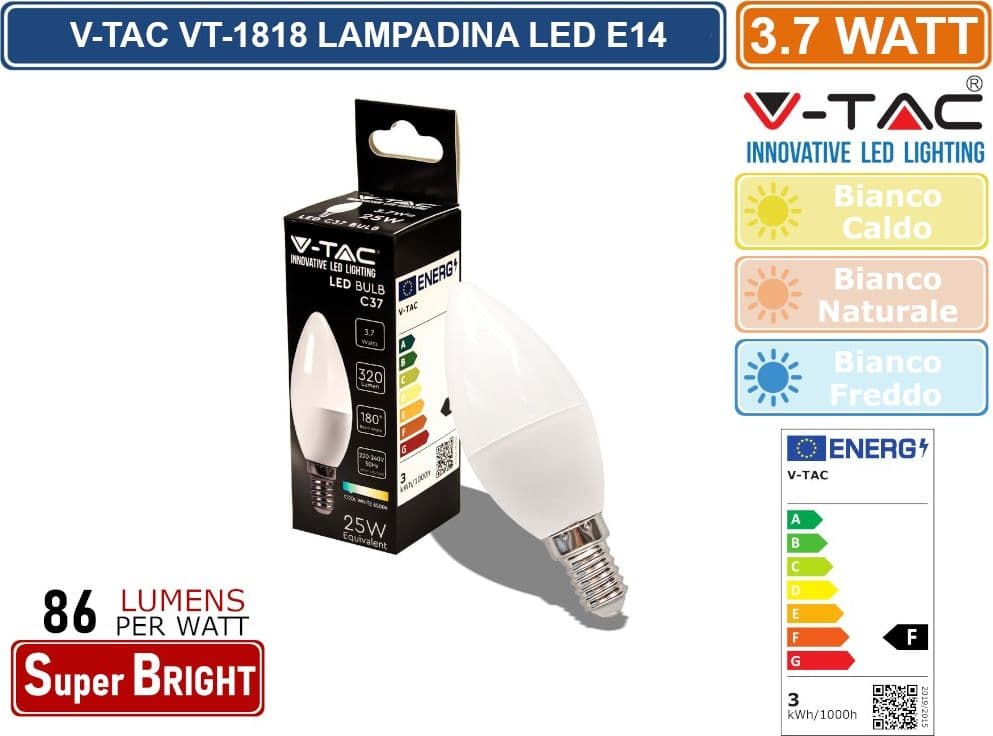 V-TAC VT-1818 LAMPADINA LED E14 3,7W CANDELA 320 LUMEN - SKU 214216 / 214166 / 214122 - 2