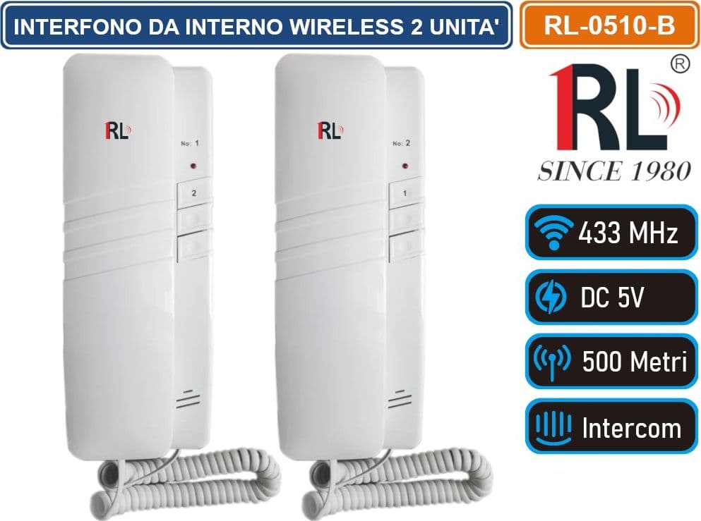 CITOFONO INTERFONO DIGITALE WIRELESS 433 MHZ DA PARETE 2 UNITA' DA INTERNO INTERCOMUNICANTE AC 220V / DC 5V