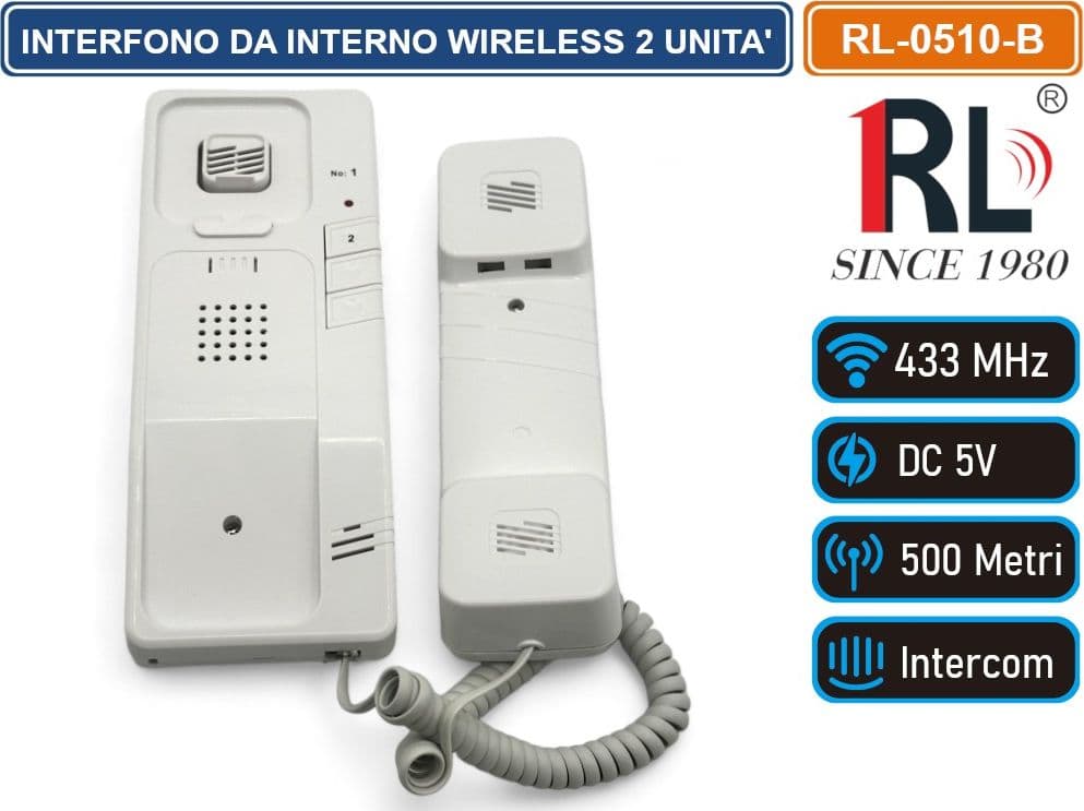 CITOFONO INTERFONO DIGITALE WIRELESS 433 MHZ DA PARETE 2 UNITA' DA INTERNO INTERCOMUNICANTE AC 220V / DC 5V - 3
