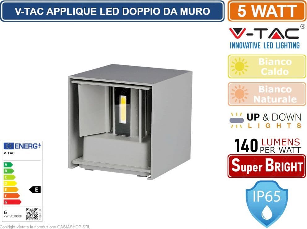 V-TAC VT-759 LAMPADA DA MURO WALL LIGHT GRIGIA CON DOPPIO LED COB 5W IP65 - SKU 217080 / 217089 - 2