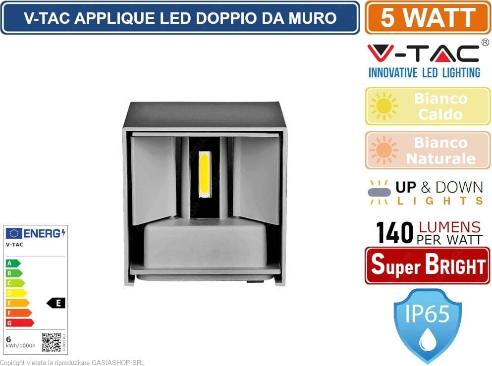 V-TAC VT-759 LAMPADA DA MURO WALL LIGHT GRIGIA CON DOPPIO LED COB 5W IP65 - SKU 217080 / 217089 - 3