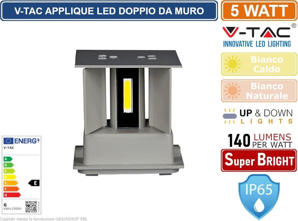 V-TAC VT-759 LAMPADA DA MURO WALL LIGHT GRIGIA CON DOPPIO LED COB 5W IP65 - SKU 217080 / 217089 - 4