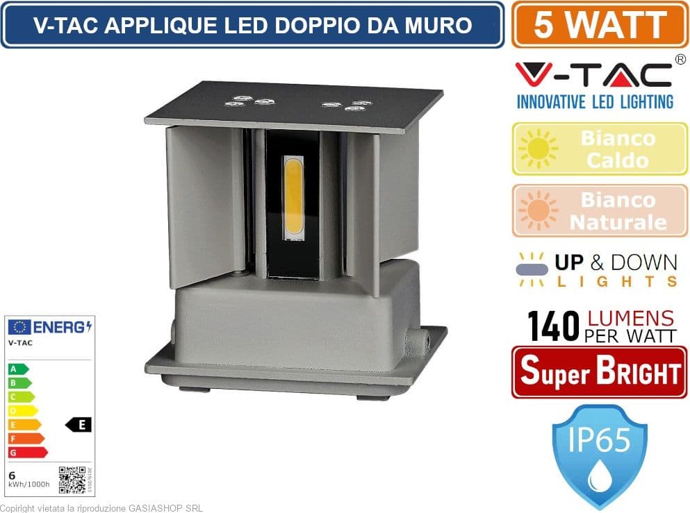 V-TAC VT-759 LAMPADA DA MURO WALL LIGHT GRIGIA CON DOPPIO LED COB 5W IP65 - SKU 217080 / 217089 - 5