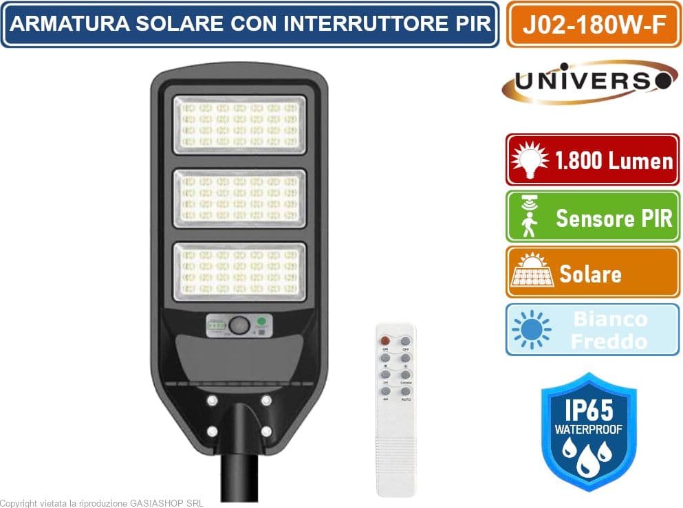 UNIVERSO J02-180W-F LAMPIONE STRADALE LED 180W EQUIVALENTI CON PANNELLO SOLARE FOTOVOLTAICO E SENSORE DI MOVIMENTO IP65 1800 LUMEN - 2