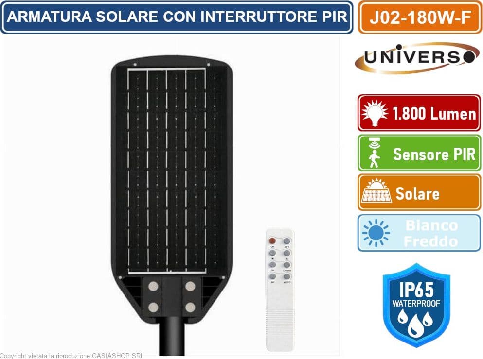 UNIVERSO J02-180W-F LAMPIONE STRADALE LED 180W EQUIVALENTI CON PANNELLO SOLARE FOTOVOLTAICO E SENSORE DI MOVIMENTO IP65 1800 LUMEN - 3