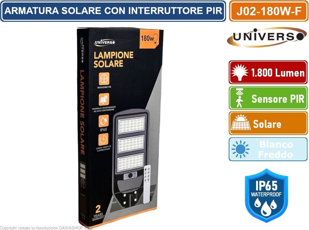 UNIVERSO J02-180W-F LAMPIONE STRADALE LED 180W EQUIVALENTI CON PANNELLO SOLARE FOTOVOLTAICO E SENSORE DI MOVIMENTO IP65 1800 LUMEN - 4