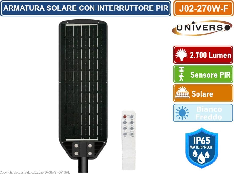 UNIVERSO J02-270W-F LAMPIONE STRADALE LED 270W EQUIVALENTI CON PANNELLO SOLARE FOTOVOLTAICO E SENSORE DI MOVIMENTO IP65 2700 LUMEN - 3