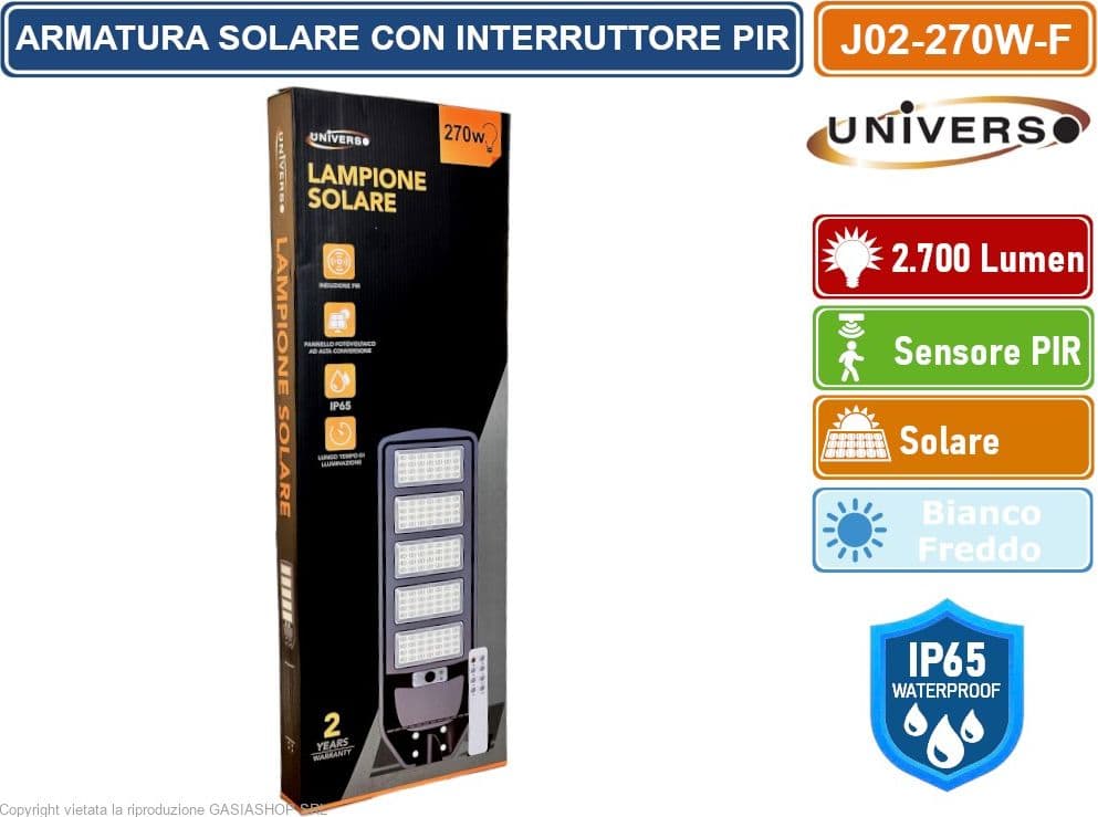 UNIVERSO J02-270W-F LAMPIONE STRADALE LED 270W EQUIVALENTI CON PANNELLO SOLARE FOTOVOLTAICO E SENSORE DI MOVIMENTO IP65 2700 LUMEN - 4