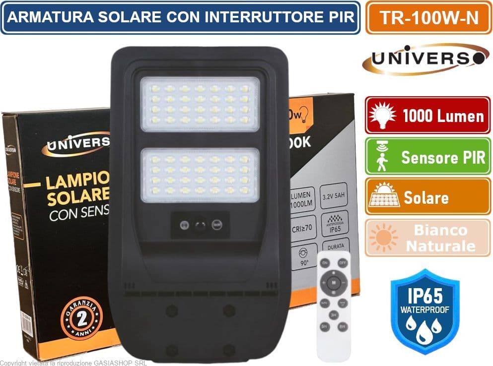UNIVERSO TR-100W-N LAMPIONE STRADALE LED 100W EQUIVALENTI CON PANNELLO SOLARE FOTOVOLTAICO E SENSORE DI MOVIMENTO IP65 1000 LUMEN - 5