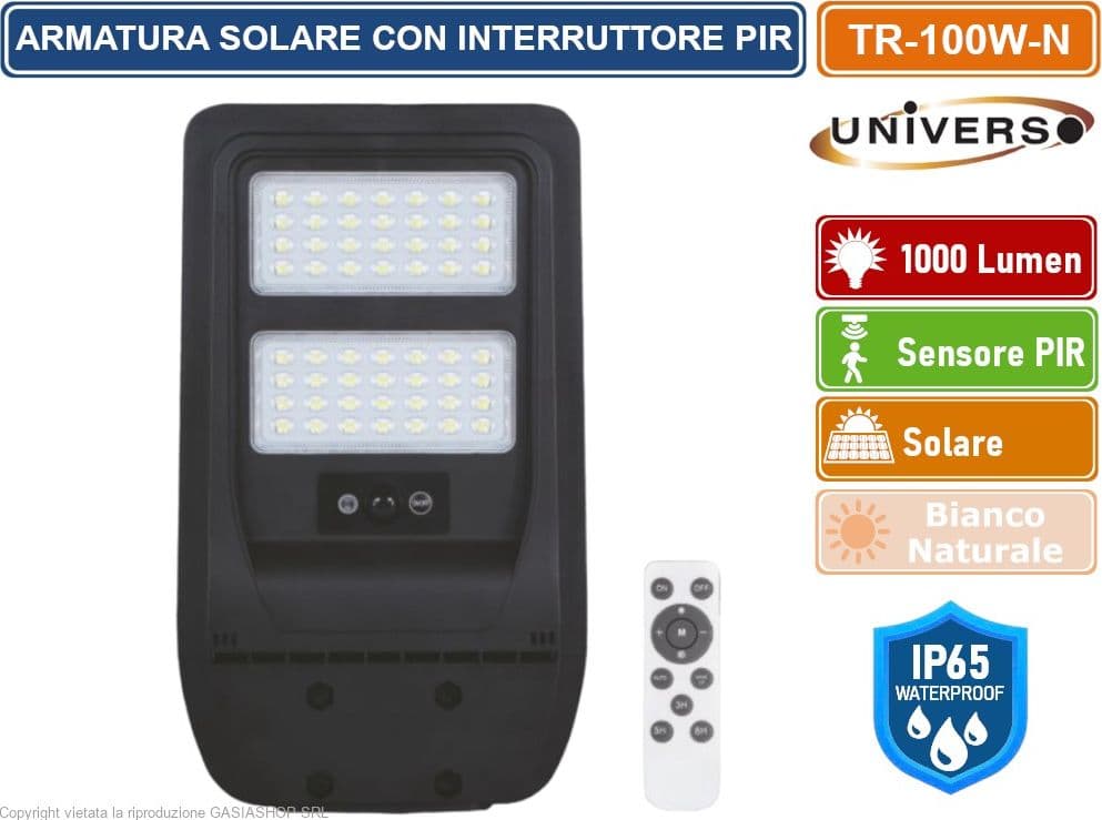 UNIVERSO TR-100W-N LAMPIONE STRADALE LED 100W EQUIVALENTI CON PANNELLO SOLARE FOTOVOLTAICO E SENSORE DI MOVIMENTO IP65 1000 LUMEN - 2
