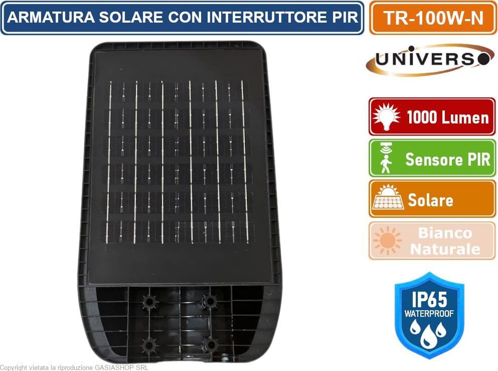 UNIVERSO TR-100W-N LAMPIONE STRADALE LED 100W EQUIVALENTI CON PANNELLO SOLARE FOTOVOLTAICO E SENSORE DI MOVIMENTO IP65 1000 LUMEN - 3