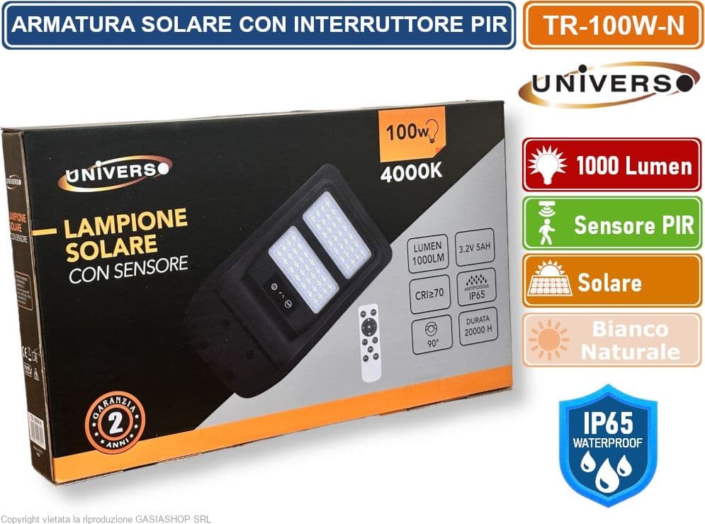 UNIVERSO TR-100W-N LAMPIONE STRADALE LED 100W EQUIVALENTI CON PANNELLO SOLARE FOTOVOLTAICO E SENSORE DI MOVIMENTO IP65 1000 LUMEN - 4