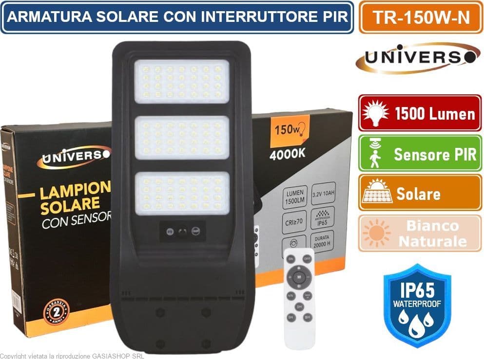 UNIVERSO TR-150W-N LAMPIONE STRADALE LED 150W EQUIVALENTI CON PANNELLO SOLARE FOTOVOLTAICO E SENSORE DI MOVIMENTO IP65 1500 LUMEN - 5