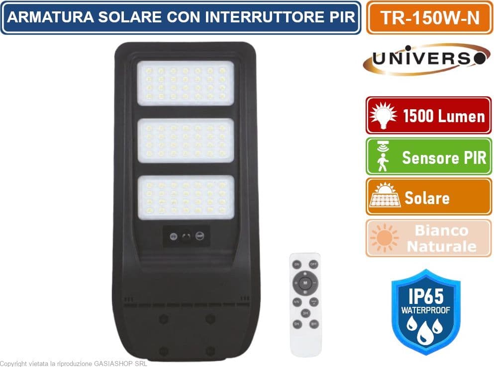 UNIVERSO TR-150W-N LAMPIONE STRADALE LED 150W EQUIVALENTI CON PANNELLO SOLARE FOTOVOLTAICO E SENSORE DI MOVIMENTO IP65 1500 LUMEN - 2
