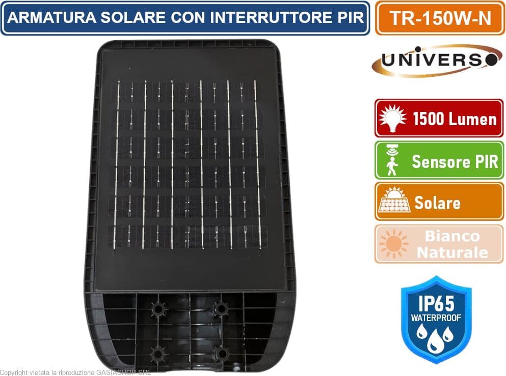 UNIVERSO TR-150W-N LAMPIONE STRADALE LED 150W EQUIVALENTI CON PANNELLO SOLARE FOTOVOLTAICO E SENSORE DI MOVIMENTO IP65 1500 LUMEN - 3